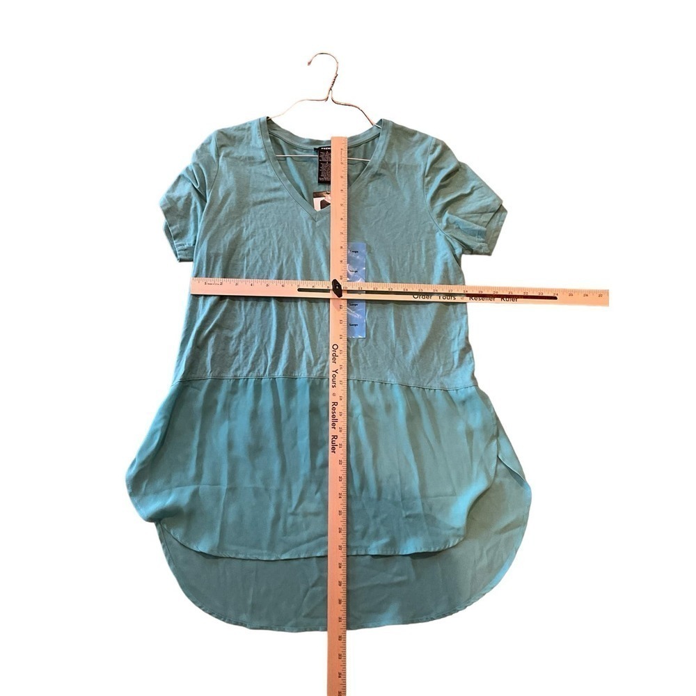 Premise Top Women's Large Teal Rayon V-Neck High Low Hem Short‎ Sleeve Pullover - Picture 4 of 4